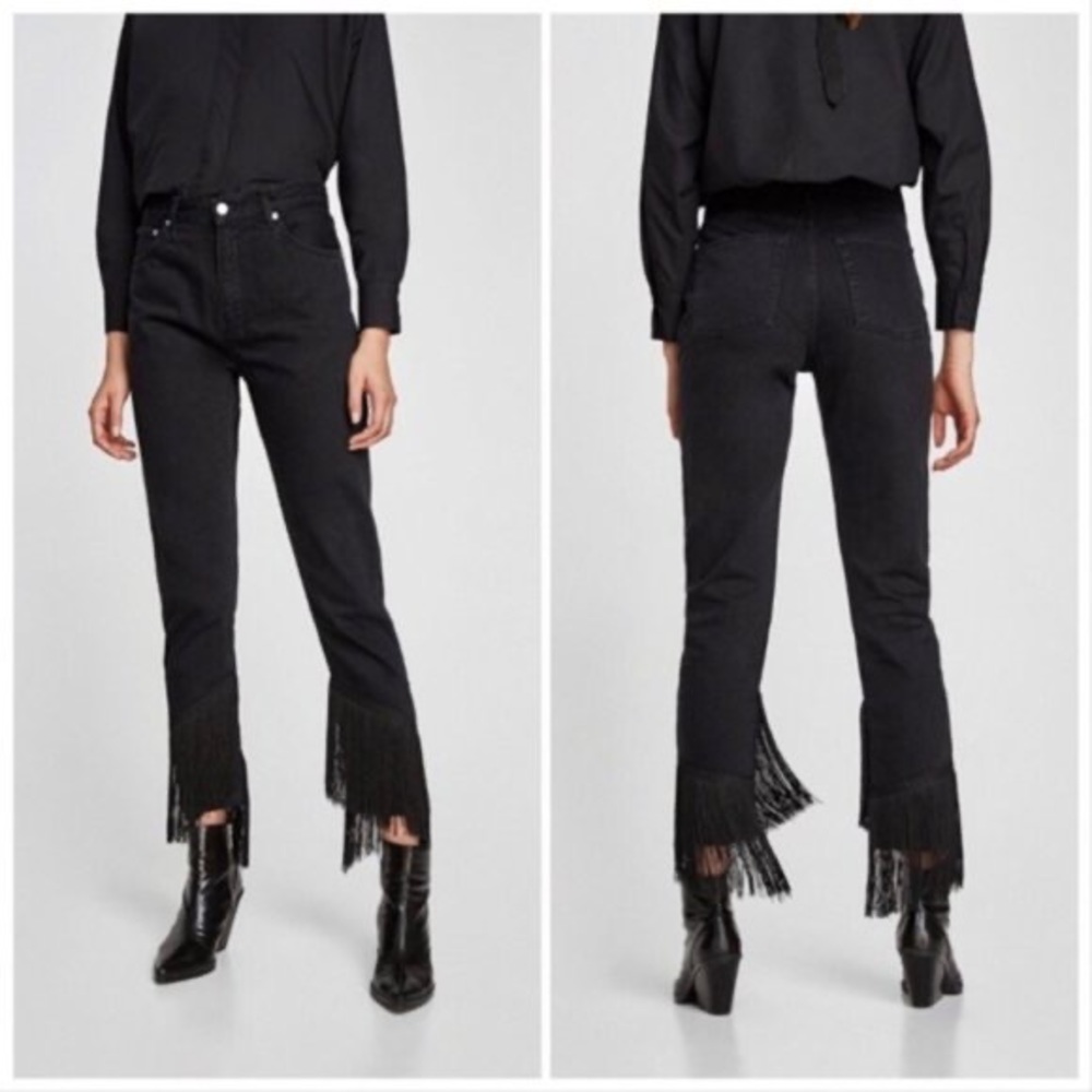 Zara high waisted fringe western black denim jeans size 4